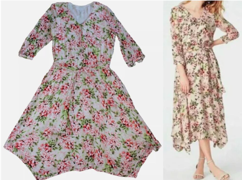J. Jill Pebble Hydrangea Floral Print Asymmetrical Hem Tie Waist Midi Dress M